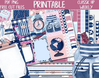 May include: Printable planner stickers with a blue and pink color scheme. The stickers feature a backpack, globe, alarm clock, and other school-themed designs. The text "Classic HP Weekly" is visible at the top of the image.