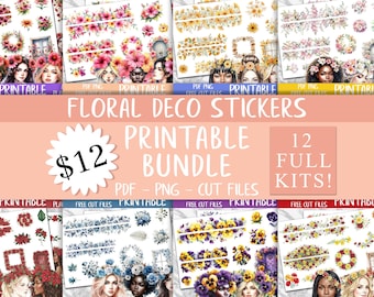 Floral Deco Stickers Bundle | Flowers Bullet Journal Planner Printable Stickers, Digital Stickers PNG, Bujo Sticker Kit Bundle, Junk Journal