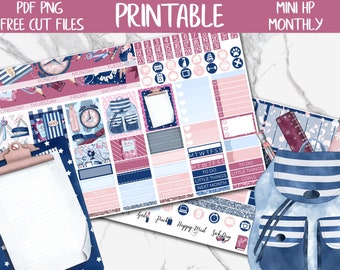 May include: Printable planner stickers with a blue and pink color scheme. The stickers feature a backpack, school supplies, and other academic-themed designs. The stickers are labeled with days of the week, "To Do", "Little Things", and "Goals".