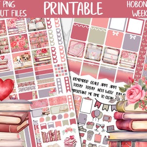 Romantic Books | Valentines Hobonichi Weeks Printable Planner Stickers, Book Lover Digital Stickers PNG, Pink Roses Weekly Sticker Kit