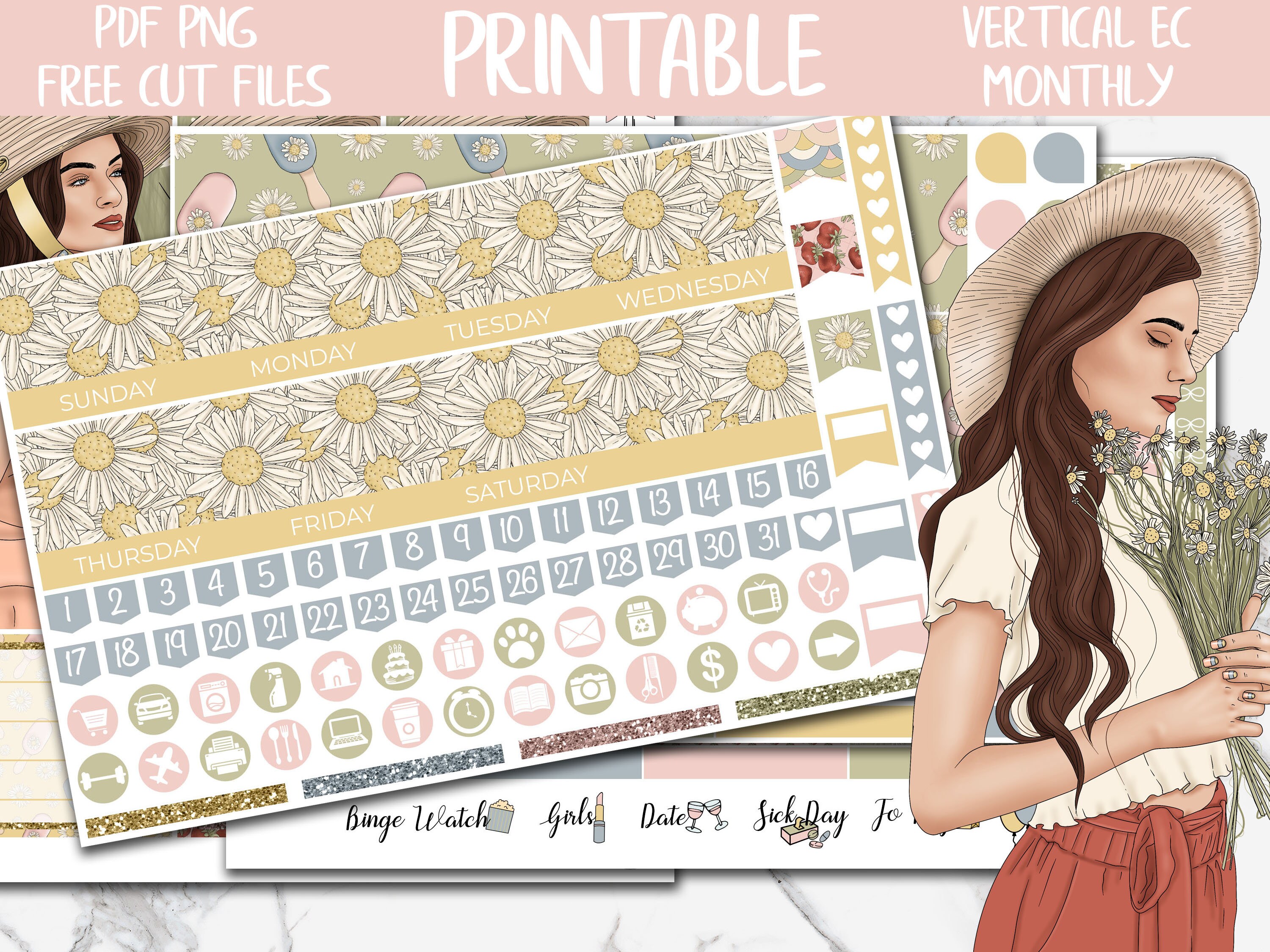 Daisies | Floral Printable Planner Stickers, April Erin Condren Monthly ...