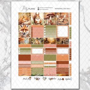 Op de afbeelding: Een set van 12 planner stickers met afbeeldingen van bosdieren en natuursc&egrave;nes. De stickers zijn in tinten bruin, groen en oranje. De stickers bevatten een vos, een eekhoorn, een hert, paddenstoelen en bomen. De stickers zijn perfect om een vleugje natuur aan je planner toe te voegen.