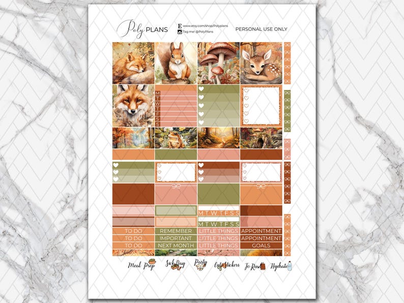 Op de afbeelding: Een set van 12 planner stickers met afbeeldingen van bosdieren en natuursc&egrave;nes. De stickers zijn in tinten bruin, groen en oranje. De stickers bevatten een vos, een eekhoorn, een hert, paddenstoelen en bomen. De stickers zijn perfect om een vleugje natuur aan je planner toe te voegen.