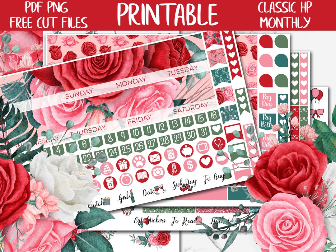 Roses | Red Flowers Classic Happy Planner Printable Monthly Stickers ...