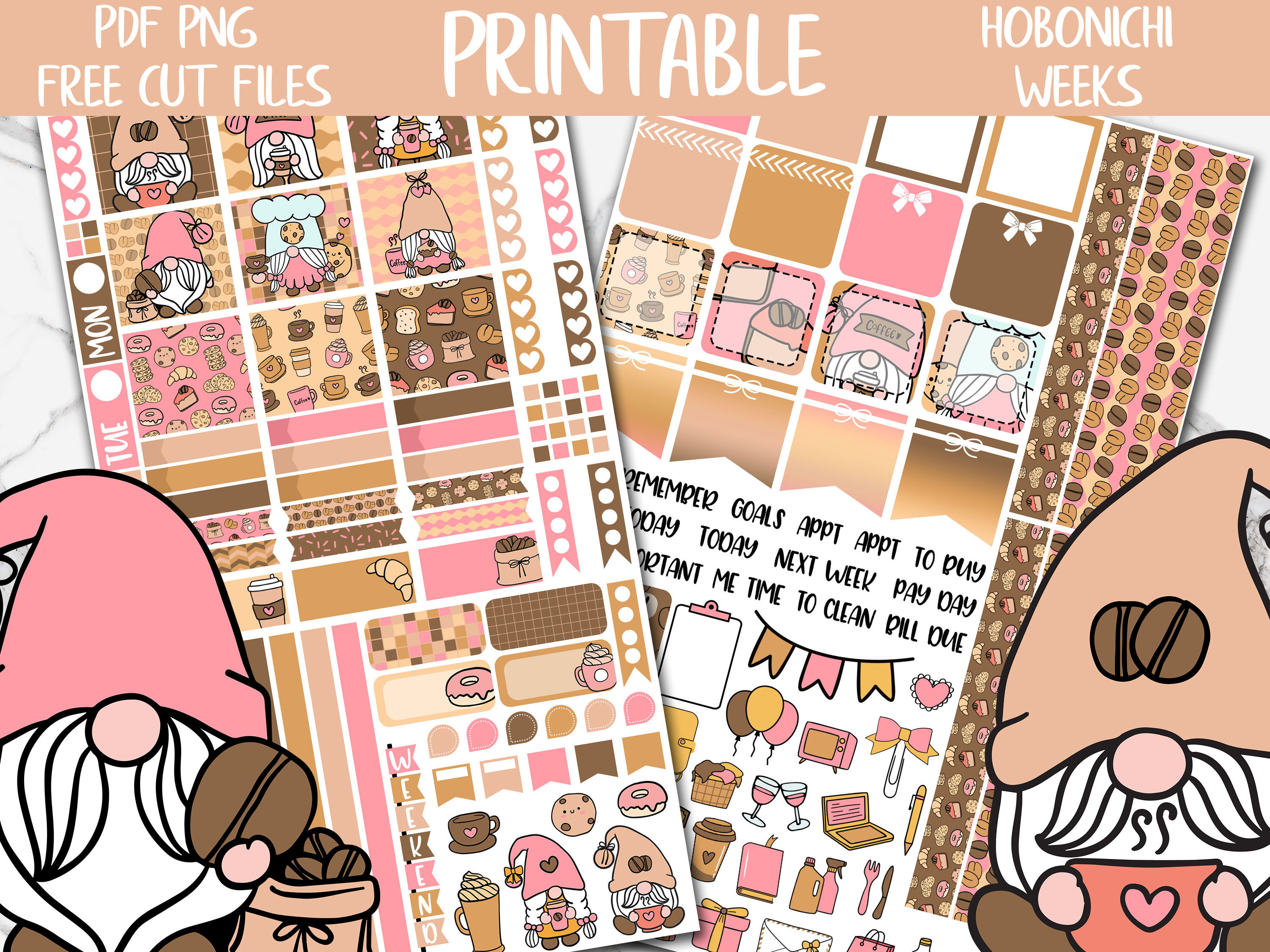 Coffee Gnomes | Hobonichi Weeks Printable Planner Stickers, Cute Gnomes ...