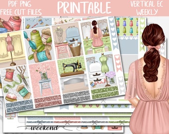 May include: Printable planner stickers with a sewing theme. The stickers feature images of sewing supplies, a sewing machine, and a woman in a pink dress. The stickers are designed for a vertical weekly planner.