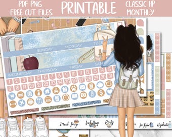School Beginnings | Student Classic Happy Planner Printable Stickers, August Monthly Kit, HP Digital Stickers PNG, College Planner Stickers