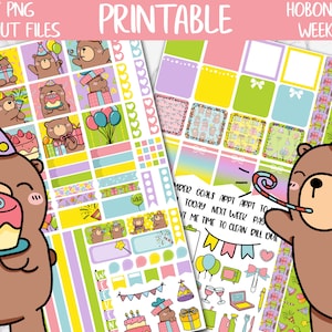 May include: A set of printable stickers featuring cute brown bears celebrating a birthday. The stickers include a variety of designs, such as bears holding cake, balloons, and presents. The stickers are perfect for adding a touch of fun to your planner or journal.