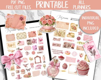 Pink Deco Stickers | Bullet Journal Printable Stickers, Bujo Digital Stickers PNG, Girly Romantic Sticker Kit, Ephemera Journaling Stickers