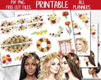Carnations | Floral Journal Printable Stickers, Flowers Deco Planner Stickers, Spring Bujo Digital Stickers PNG, Bullet Journal Sticker Kit