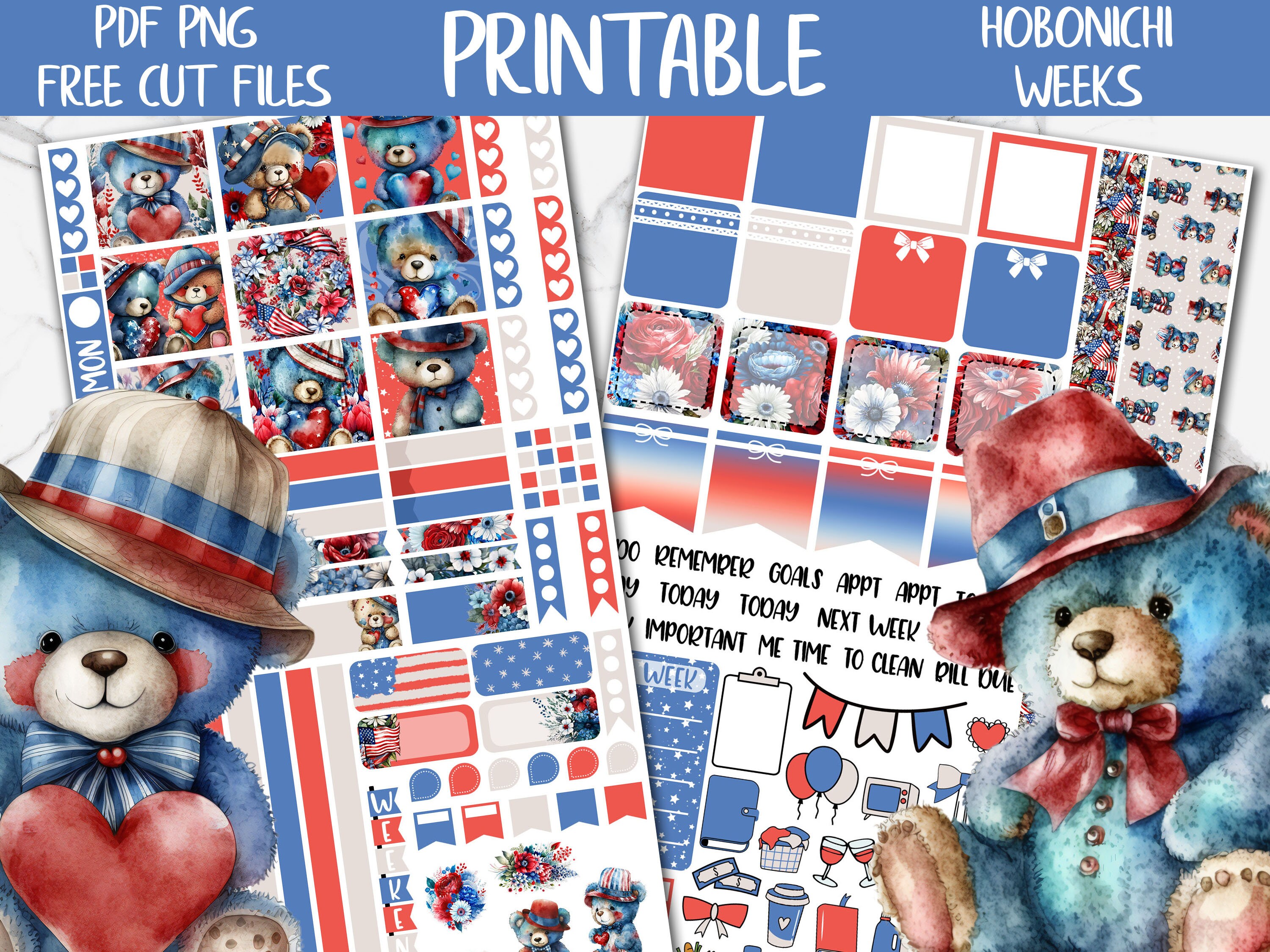Patriotic Bears | Independence Day Hobonichi Weeks Printable Planner Sticker, USA Digital Stickers PNG, 4th of July Weekly Sticker Kit