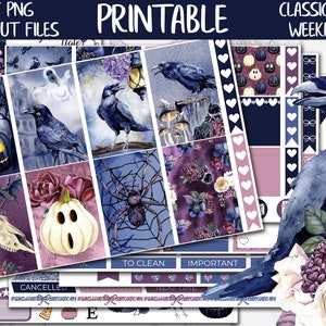 The Raven | Halloween Planner Weekly Printable Stickers, Spooky Digital Sticker PNG, October Classic HP Weekly Planner Sticker Kit