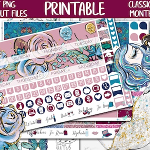 Puede incluir: Pegatinas imprimibles para planificador con un diseño floral en tonos rosa, azul y dorado. Las pegatinas incluyen un calendario, los días de la semana, números y varios iconos. Las pegatinas están diseñadas para un Happy Planner clásico.