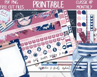 May include: Printable planner stickers with a school theme. The stickers feature a pink and blue color scheme with illustrations of a globe, a clock, a pencil, a backpack, and other school supplies. The stickers are designed for use with a classic HP monthly planner.
