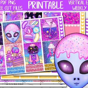 May include: Printable planner stickers featuring an alien theme with desserts and space elements. The design includes an alien head with a pink frosted top, along with various illustrations of sweets, drinks, and space-themed graphics. The text "PRINTABLE" is visible.