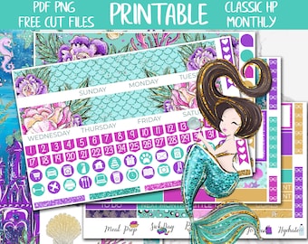 Mermaids | Summer Classic Happy Planner Printable Stickers, Under The Sea HP Digital PNG Stickers, July Beach Monthly Planner Sticker Kit