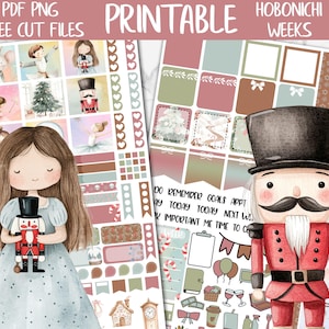 May include: Printable planner stickers featuring a Nutcracker theme. The stickers include illustrations of a ballerina, a Christmas tree, and a Nutcracker soldier. The text "PDF PNG FREE CUT FILES PRINTABLE HOBONICHI WEEKS" is visible.