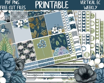 The Blues | Blue Flowers Erin Condren Printable Sticker Kit, ECLP Floral Digital Stickers, Winter Flowers Vertical Planner Weekly Kit