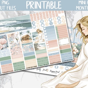 By The Sea | Summer Coastal MINI Happy Planner Printable Planner Stickers, July Summer Monthly Kit, Beach Digital Stickers PNG, Cut Files