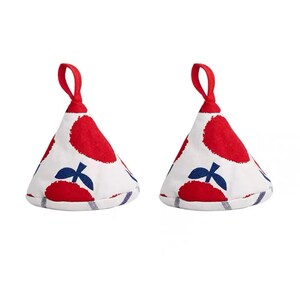 May include: Two red and white pot holders with a blue and white stripe around the bottom. The pot holders are shaped like a cone and have a red apple design.