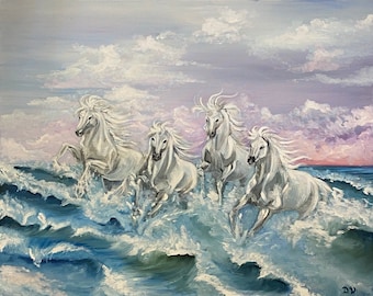 Horses and Ocean, an original large oil painting on canvas by Danila Vikulova, large handmade wall art