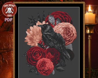 Crow Steals the Shiny Necklace - Colourful Floral Cross Stitch Design. Raven Spirit Animal, Wisdom & Supernatural. Pattern Keeper Compatible