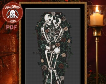 Love Never Dies! Skeleton Couple in a Coffin & Roses, Macabre Cross Stitch, Dark Gothic Valentine's Day Gift Idea, Pattern Keeper Compatible