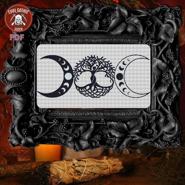 The Triple Goddess, Мaiden, Мother Tree of Life & Crone Sacred Symbols, Easy for Beginners, Wicca Theme  X Stitch, Pattern Keeper Compatible