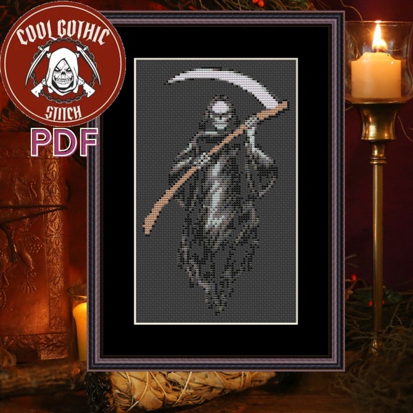 Death Walking with Scythe, Human Skeleton Satanic Macabre Gothic Cross Stitch for Black Fabric. Pattern Keeper Compatible