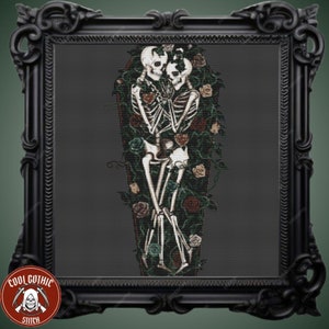 Love Never Dies: Unique Skeleton Couple in Coffin & Roses, Eternal Bond of Love, Perfect Valentine’s Day Gift Idea