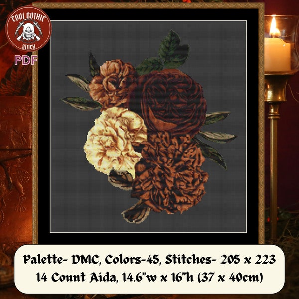 Gothic Floral Cross Stitch, Maroon, Red, Burgundy, Brown Flowers Victorian Homes Color Palette, Home Decoration, Pattern Keeper Compatible