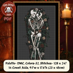 Love Never Dies! Skeleton Couple in a Coffin & Roses, Macabre Cross Stitch, Dark Gothic Valentine's Day Gift Idea, Pattern Keeper Compatible