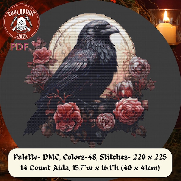 Raven Cross Stich, kleurrijk bloemmotief. Raven Spirit Animal, Moon & Gothic Flowers, Altaar Decor, Hekserij, Patroon Keeper Compatibel