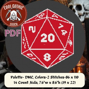 May include: A red 20-sided die with white numbers and symbols, a cross-stitch pattern. The pattern is 86 stitches wide by 110 stitches high and uses 2 colors of DMC thread. The pattern is designed for 14 count Aida fabric and measures 7.6 inches wide by 8.6 inches high.