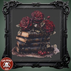 Gothic Books Cross Stitch Chart with Red Roses | Vintage Victorian Alchemy Pattern | Colorful Altar Decor
