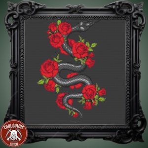 Schlangensymbolik Kreuzstich, Schlange mit roten Rosen Dark Gothic Design, Fruchtbarkeits- und Heilungssymbole, Kompatibel mit Pattern keeper