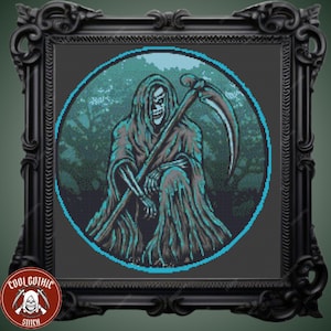 Death with Scythe Cross Stitch | Macabre Gothic Design | Horrifying Skeleton Halloween PDF | Pattern Keeper Compatible