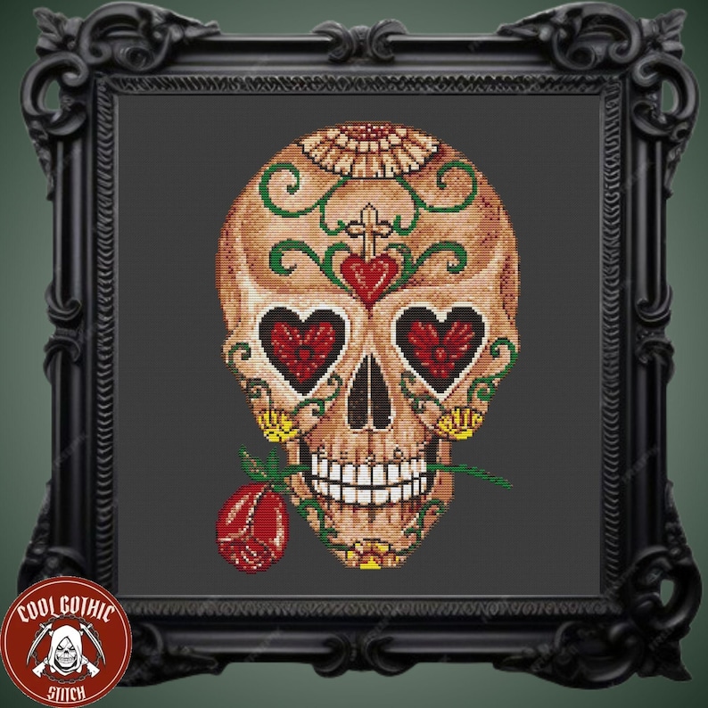 Sugar Skull Love Heart Cross Stitch Pattern | Dia De Los Muertos ...