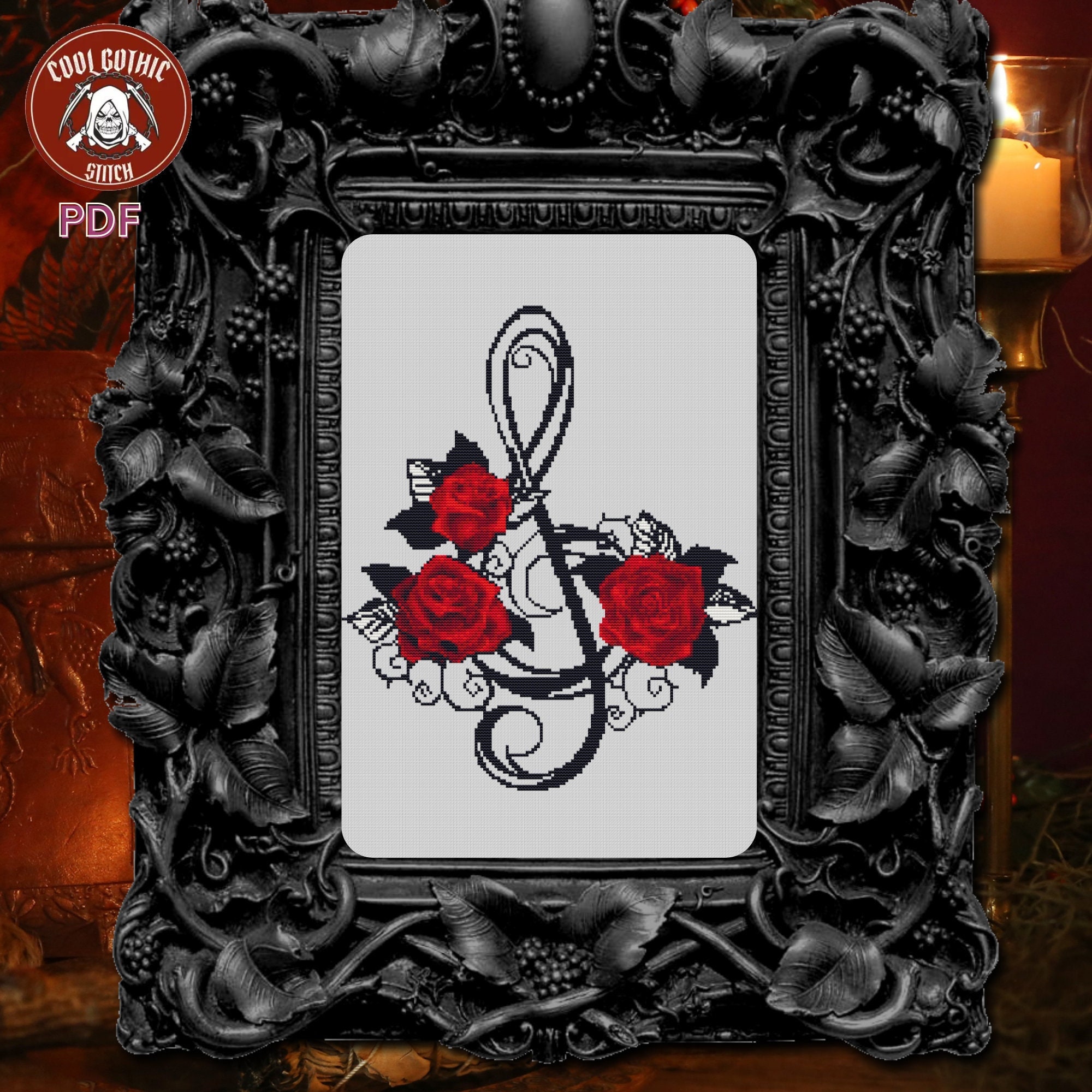 Clef Notes With Roses Treble Clef Symbol Cross Stitch Pattern, Gothic Red Roses, Music Lovers ...