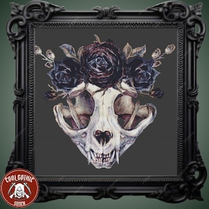May include: A black and white cross stitch pattern of a cat skull with a crown of black roses.