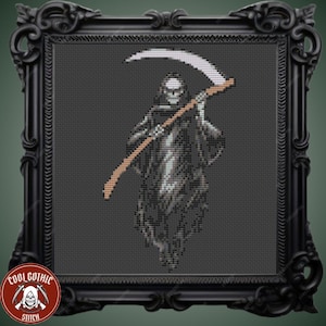 Grim Reaper Scythe Gothic Cross Stitch Pattern for Black Fabric | Death, Human Skeleton & Satanic Macabre, Pattern Keeper Compatible