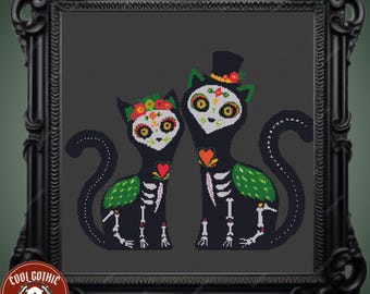 Day of the Dead Cat Skeletons Cross Stitch Pattern, Dia de los Muertos Spirit Animal Design, Easy & Pattern Keeper Compatible