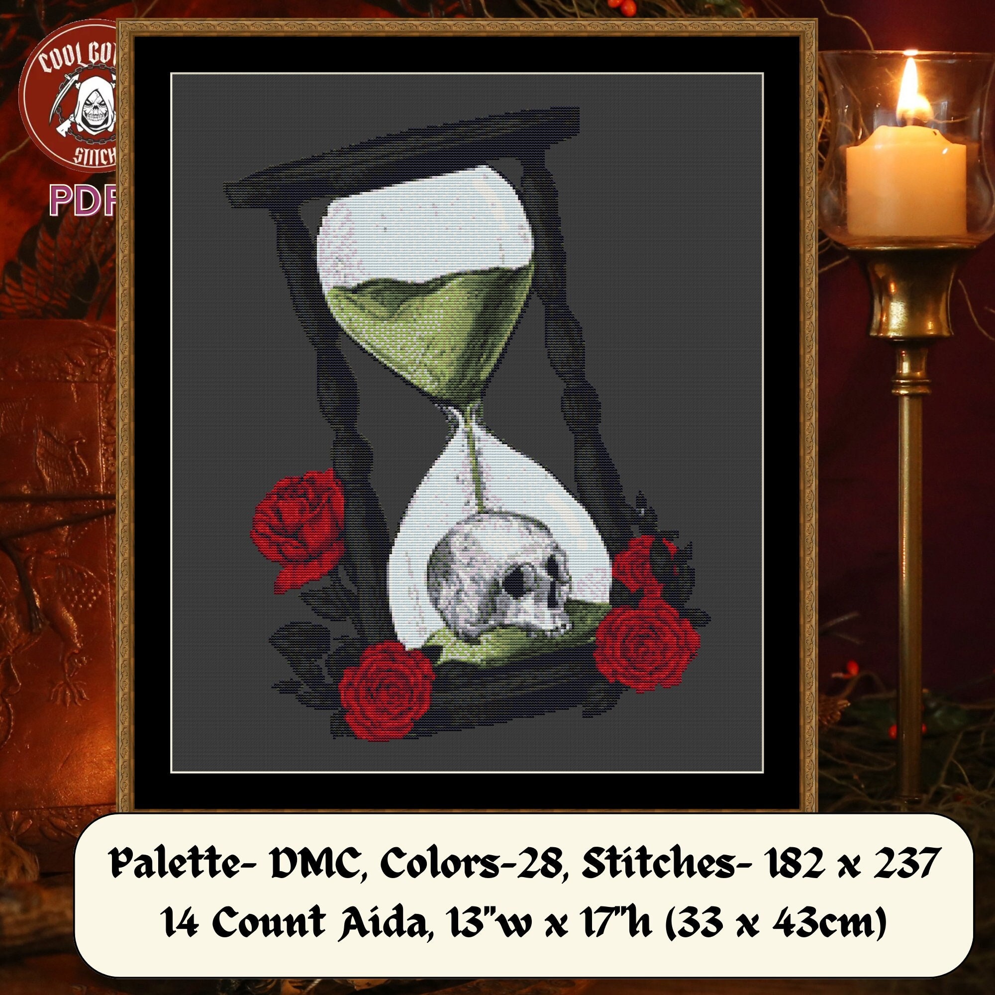 Skull Hourglass Cross Stitch Pattern | Gothic Floral Decor With Dark ...