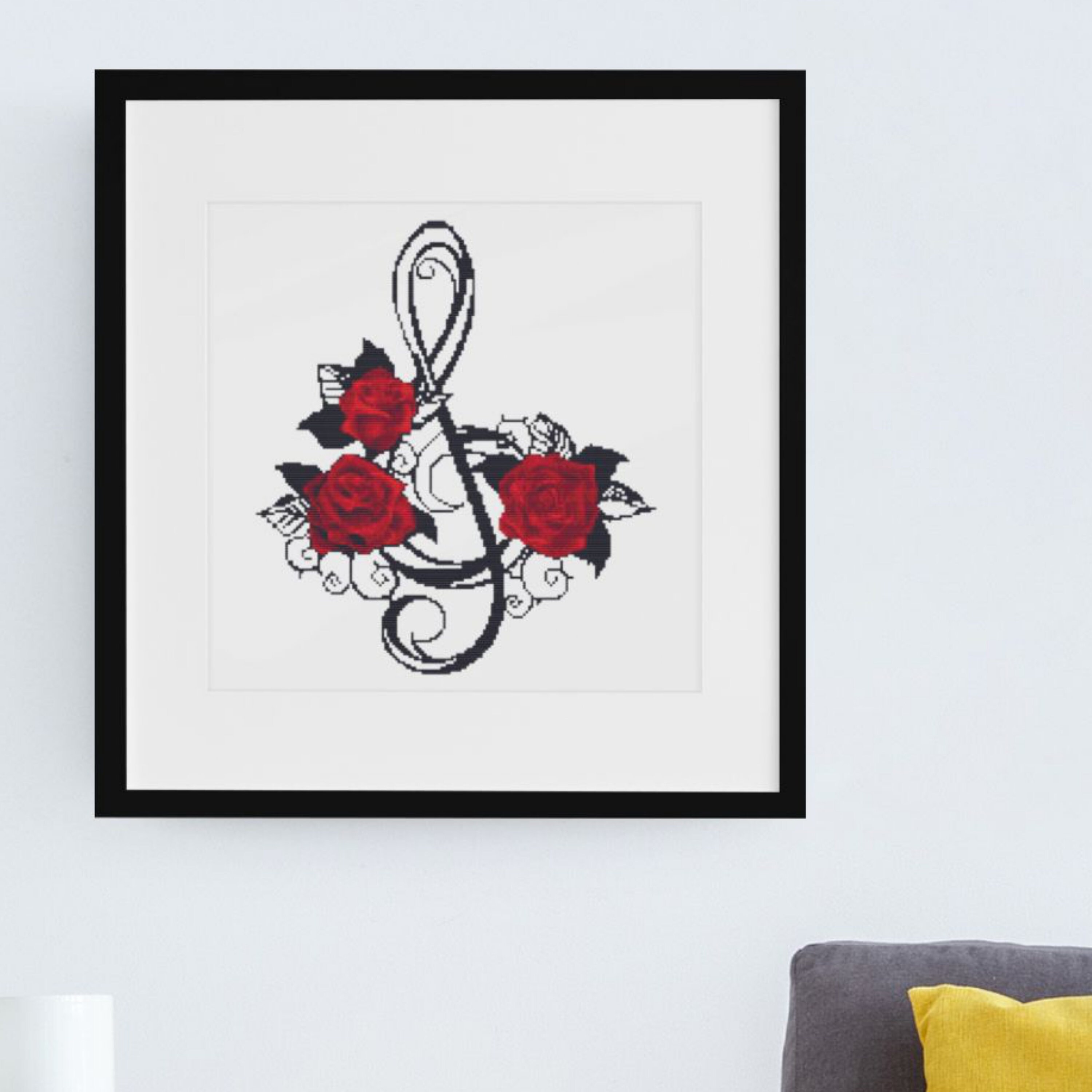 Clef Notes With Roses Treble Clef Symbol Cross Stitch Pattern, Gothic Red Roses, Music Lovers ...