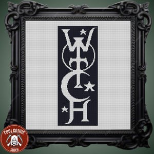 May include: A black and white cross stitch pattern with the word "Witch" spelled out vertically. The letters are stylized with a crescent moon and star design.