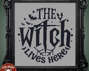 Witch Lives Here! Gothic Cross Stitch Pattern with Bats | Easy Dark Cottagecore Design | Witch Decor | Pattern Keeper Compatible