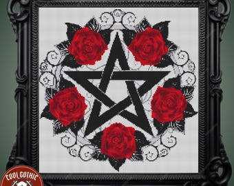Wiccan Pentagram with Red Roses, Floral Theme, Beginners Friendly Pattern, Five Elements