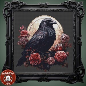 Dieren kruissteekpatroon Raven Spirit, kleurrijk bloemdessin, maan en gotische bloemen voor altaardecor, decoratie hekserij