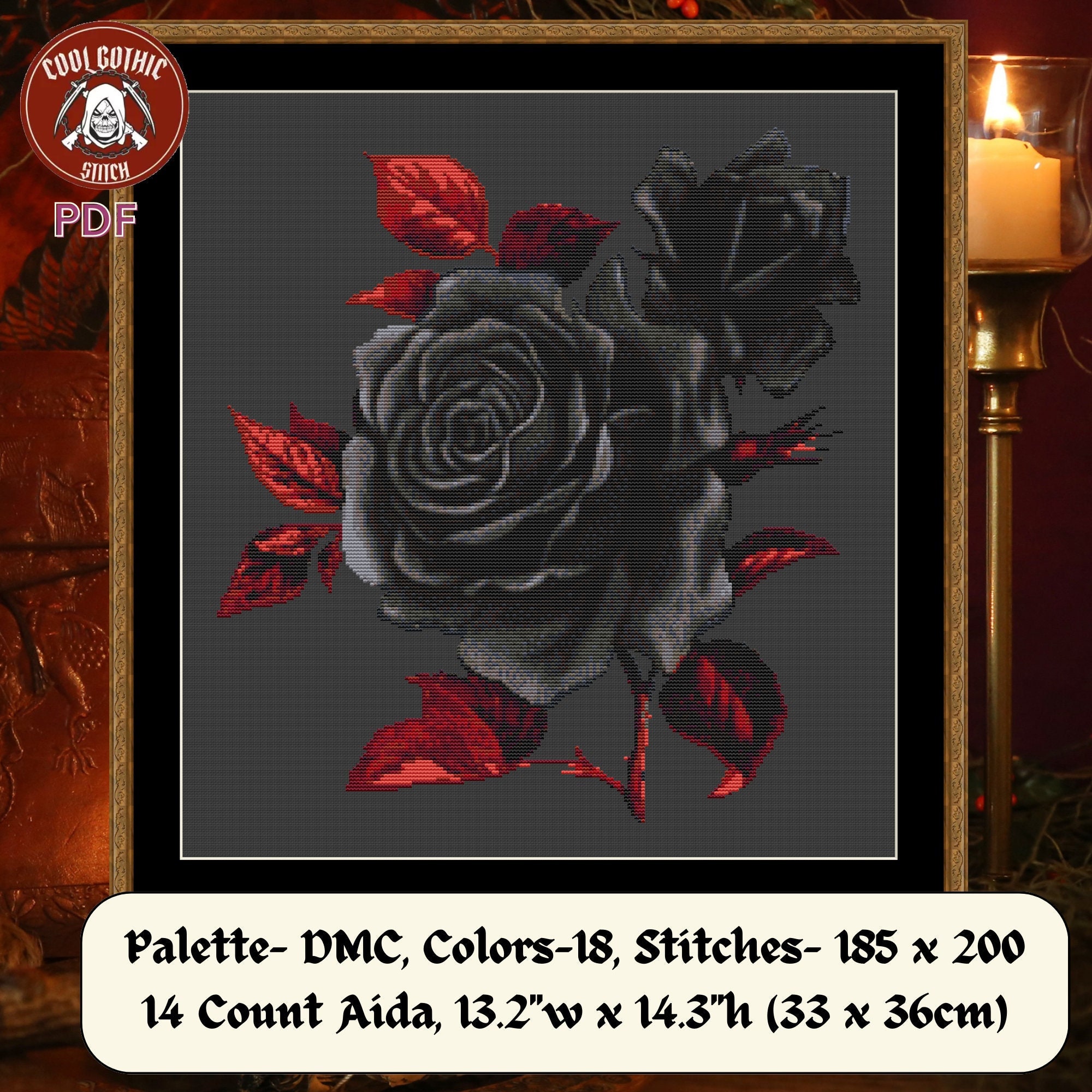 Black Rose Cross Stitch, Gothic Floral Cottagecore Art, Dark Academia ...