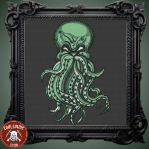 May include: A cross-stitch pattern of a green octopus with a menacing expression. The octopus has a large head and many tentacles. The pattern is framed in a black frame.